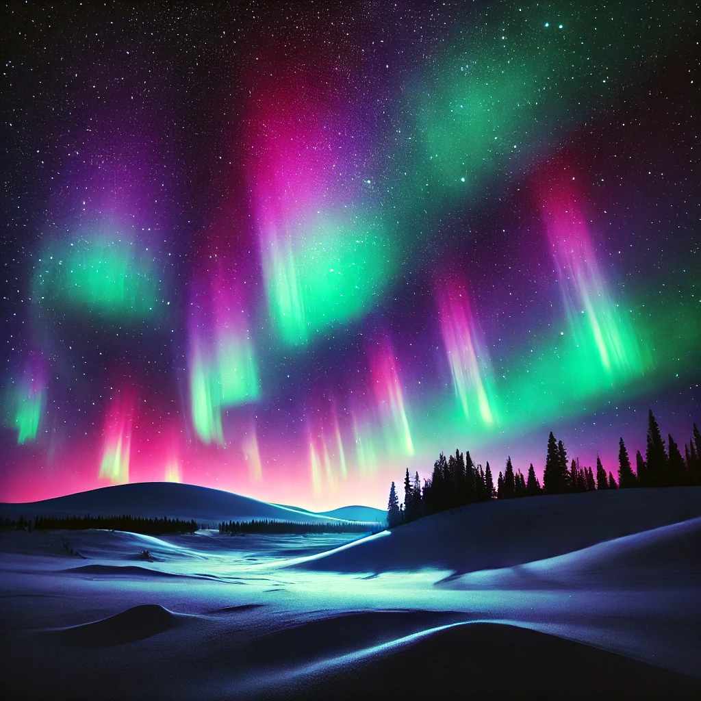 A breathtaking view of the Northern Lights with vibrant green, pink, and purple hues lighting up the night sky above a snowy or wilderness landscape, featuring silhouetted trees or mountains in the foreground.