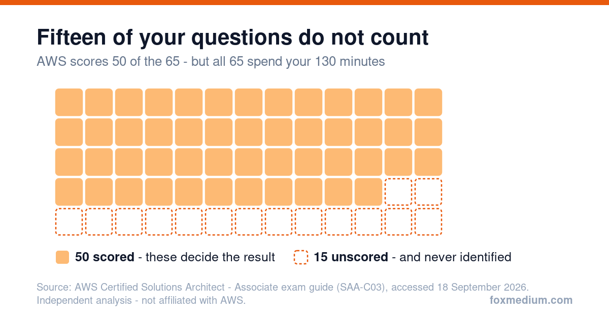 Grid of 65 squares showing 50 scored questions in solid colour and 15 unscored questions outlined, illustrating that AWS scores only 50 of the 65 questions on SAA-C03